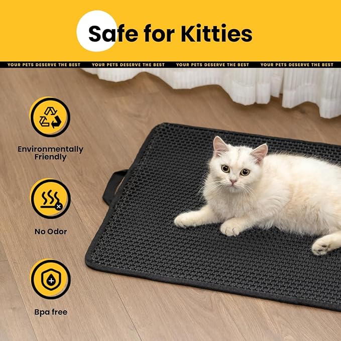 Cat Litter Mat Litter Box Mat, EVA Honeycomb Double Layer Design, Urine & Waterproof, Scatter Control Kitty Litter Mat, Less Waste, Easier To Clean,Washable, Black