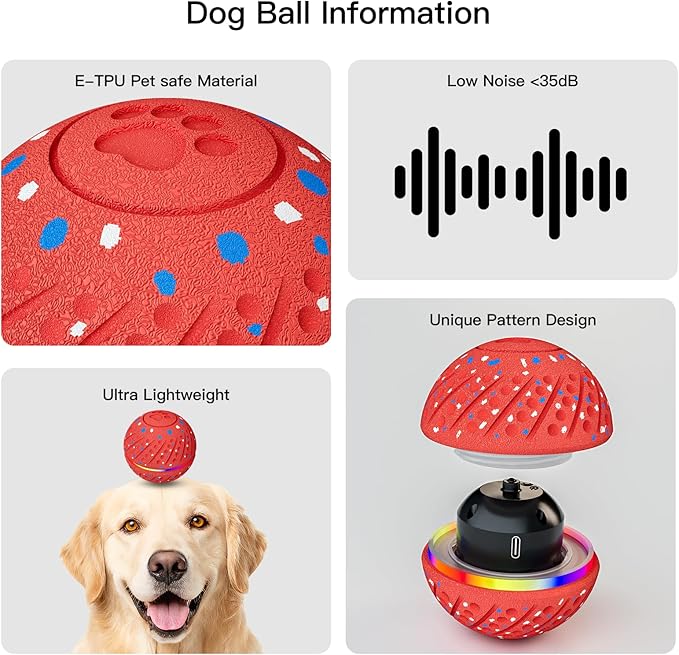 Interactive Dog Toys: Self Rolling & Bouncing Ball to Keep Them Busy, 3 Modes, Type-C Fast Charging, Durable E-TPU & IP54 Waterproof - Best for Small/Medium Breeds & Puppies (Red, Medium)