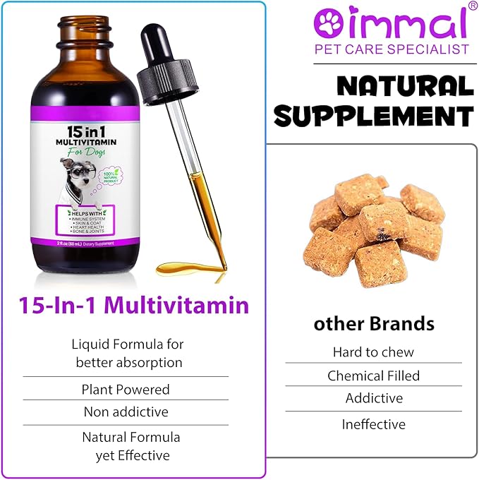 15-in-1 Dog Multivitamin Drops for Dogs | Liquid Multivitamin with Glucosamine, MSM & Omega for Joint, Heart, Immune & Skin Health | Easy Liquid Drops for Picky Eaters