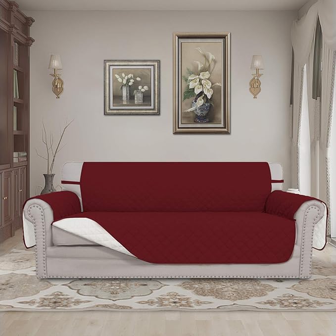 Easy-Going Reversible Oversized Couch Cover for 3 Cushion Couch Sofa Cover for Dogs Water Resistant Furniture Protector Cover with Foam Sticks for Pet (Oversized Sofa, Christmas Red/Ivory)