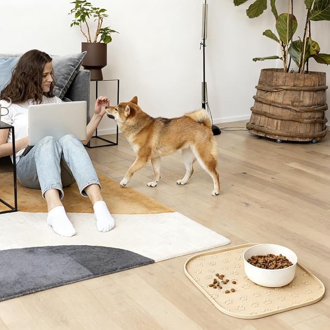 Pet Feeding Mat, Waterproof Anti-Slip Placemats for Dog Cat Bowl Silicone Pet Food Mat, Raised Edge Prevent Spills on Floor & Carpet, Dishwasher Safe (Black, 11" x 11")