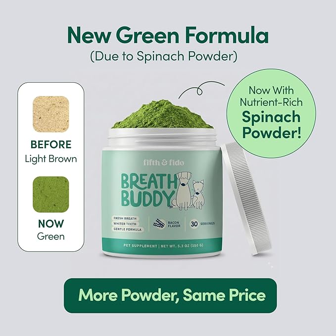 Fifth & Fido Breath Buddy Dog Dental Powder for Fresher Breath & Cleaner Teeth, Cat & Dog Teeth Cleaning Powder, Removes Plaque, Gentle Formula for Sensitive Stomachs, Natural Ingredients, USA Made