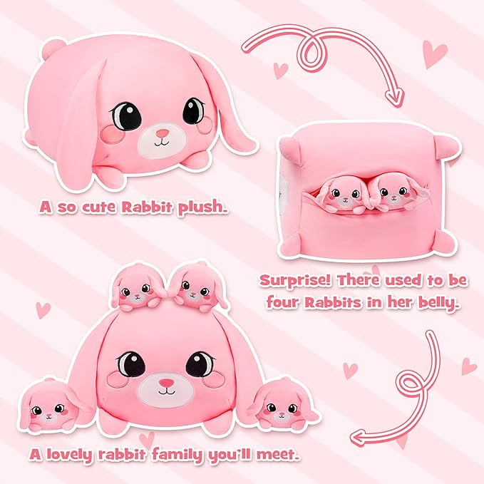 Pink Bunny Plush, Rabbit Mommy Stuffed Animal Set with 4 Baby Bunnies, Soft Stuffed Toy Pillow, Cute Birthday for Kids Boys Girls