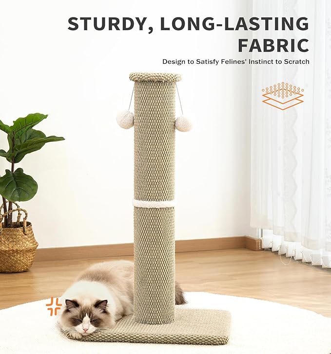Made4Pets Tall Cat Scratching Post, 23.6" Modern Cat Scratcher with Hanging Balls, Heavy Duty and Thicker Scratching Post for Indoor Cats Adults, Sturdy Base Cat Scratch Post, Beige