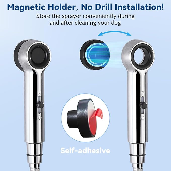 Dog Shower Attachment, 3 Mode Handheld Sprayer with ON/OFF Switch, G1/2" 3-Way metal Diverter, 100 Inches Stainless Steel Hose, No Drill Holder, for Pet and Dog Washing in Bathroom