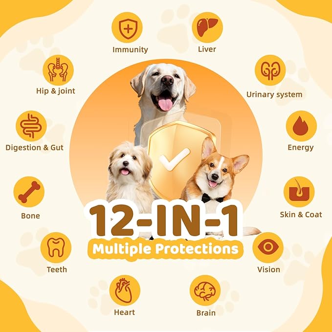 Dog Multivitamin Chewable: 12-in-1 Dog Vitamins & Supplements with Glucosmine Chondroitin Probiotics Omega 3 Cod Liver Oil CoQ10 Astaxanthin for Joint Gut Heart Eye Brain Immune Support