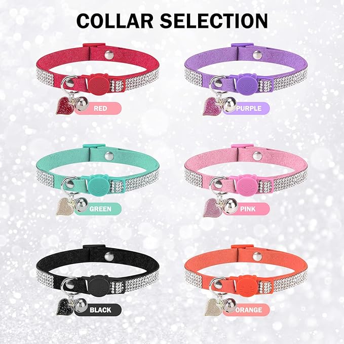 Rhinestone Cat Collar Breakaway with Bell, Diamond Cat Collar with Safety Buckle Quick Release for Girl Boy Small Kitten Pets Puppy,Cute Soft Female Male Cat Collars, Color Red 8-12"