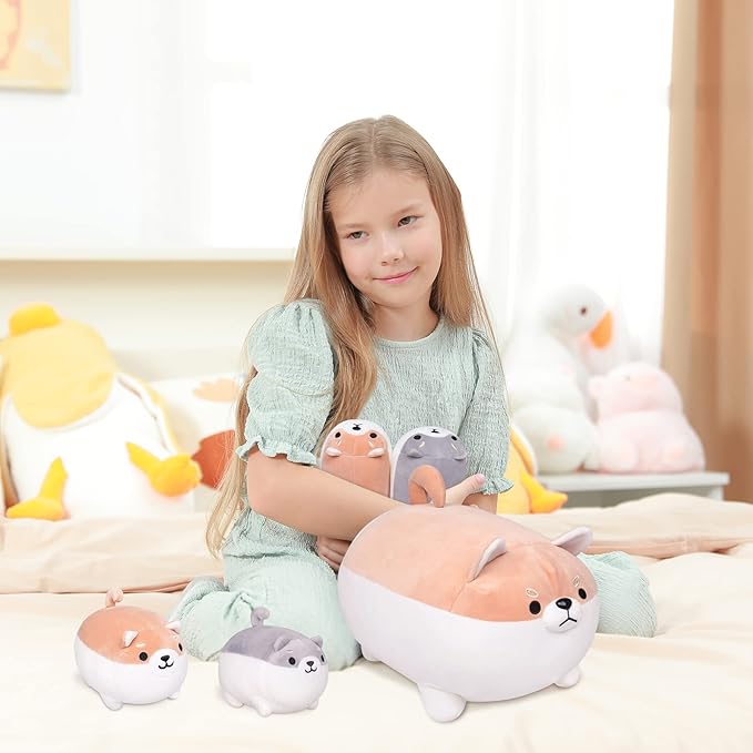 Shiba Inu Plush, 5 PCS Shiba Inu Stuffed Animal Family, 16" Corgi Plushie Cute Soft Plushies Pillow Toy Anime Kawaii Plush Soft Corgi Pillow,Dog Mommy with 4 Puppies Toy Gifts for Boys Girls