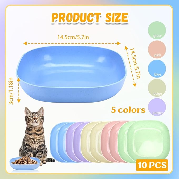 TKOnline 10 Pcs Cat Food Bowl, 5.7 Inch Plastic Shallow Pet Food and Water Dish for Whisker Fatigue Relief, Wide Cat Wet Feeding Bowls, Small Flat Dish for Indoor Outdoor Kittens Dogs ﻿