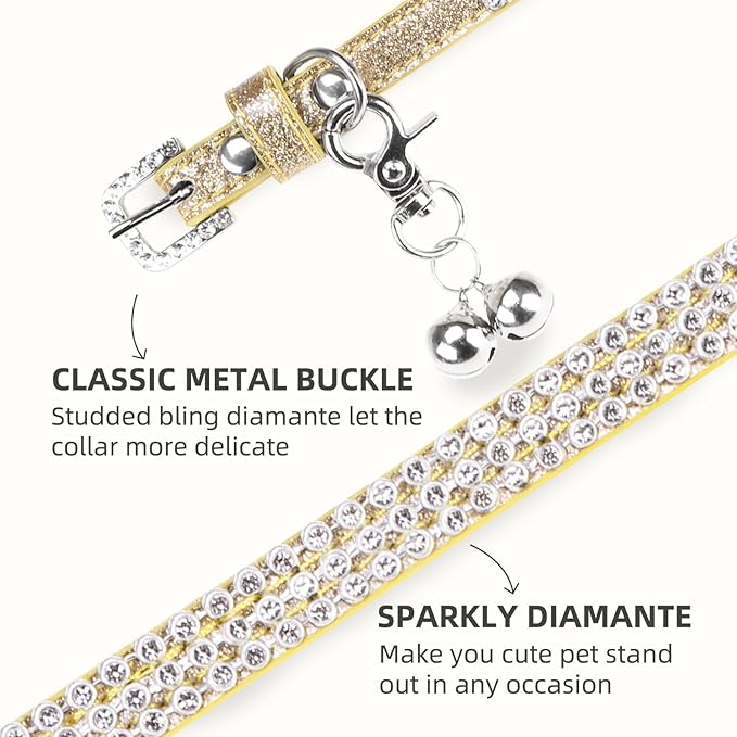PUPTECK Basic Adjustable Cat Collar with Bling Diamond and Double Bells, for Kitten and Small Puppy, Fashion and Shining Dog Rhinestone Collars, 8-10in, Gold