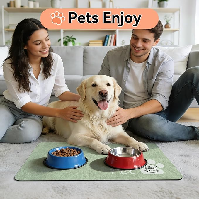 Dog Cat Feeding Mat-Absorbent Pet Bowl Mat for Food and Water, Quick Dry Water Dispenser Mat for Floors with Waterproof Rubber Backing, Puppy Cat Placemat Mats for Messy Drinkers,16"x24",Sage Green