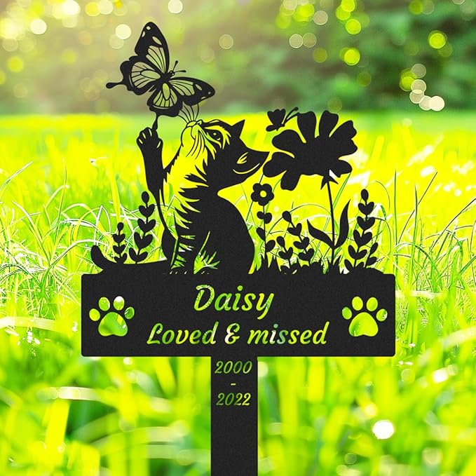 Custom Butterfly Cat Memorial Grave Marker, Personalized Flowers Cat Memorial Stake Metal Pet Name Memorial Plaque with Paws, Customized Pet Grave Marker Cemetery Grave Plaque for Cat Owner