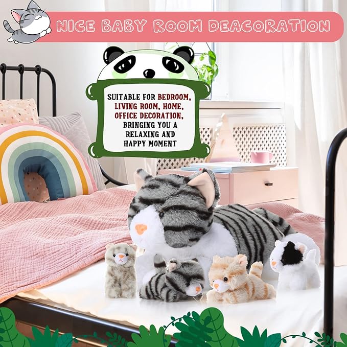 Skylety 5 Pieces Cat Stuffed Animal with Babies Inside Belly Plush Cat Pregnant Mommy Kitty with 4 Cute Fluffy Stuffed Kittens Christmas Birthday Surprise Gifts(Gray)