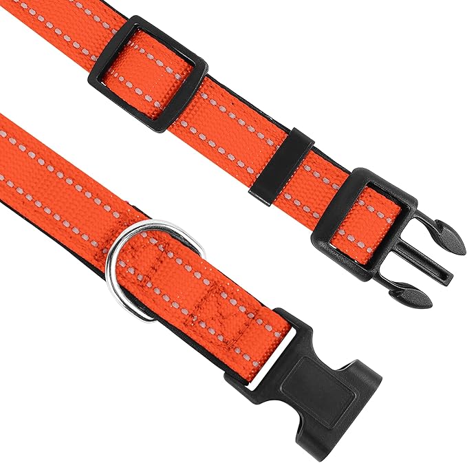 Reflective Dog Collar, Adjustable Soft Neoprene Padded Nylon Pet Collars with Buckle for Large Dogs, Orange,L