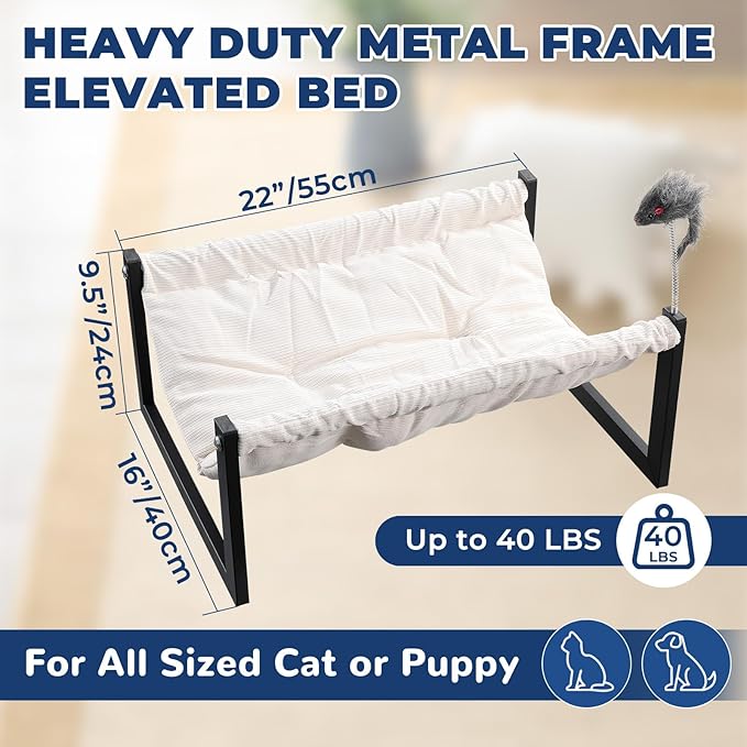 Elevated Cat Bed for Indoor Cats - Machine Washable, 360° Surround Sight, Rust-Resistant Frame with Toy - Effortless Setup, Comfort Mattresses (Thick)