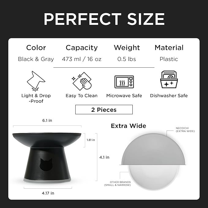 Necoichi 2pcs Extra Wide Elevated Cat Food Bowls – BPA-Free Plastic Raised Bowls to Reduce Whisker & Neck Fatigue – Dishwasher & Microwave Safe – Non-Slip, Anti-Vomiting Ergonomic Design (Urban Fog)