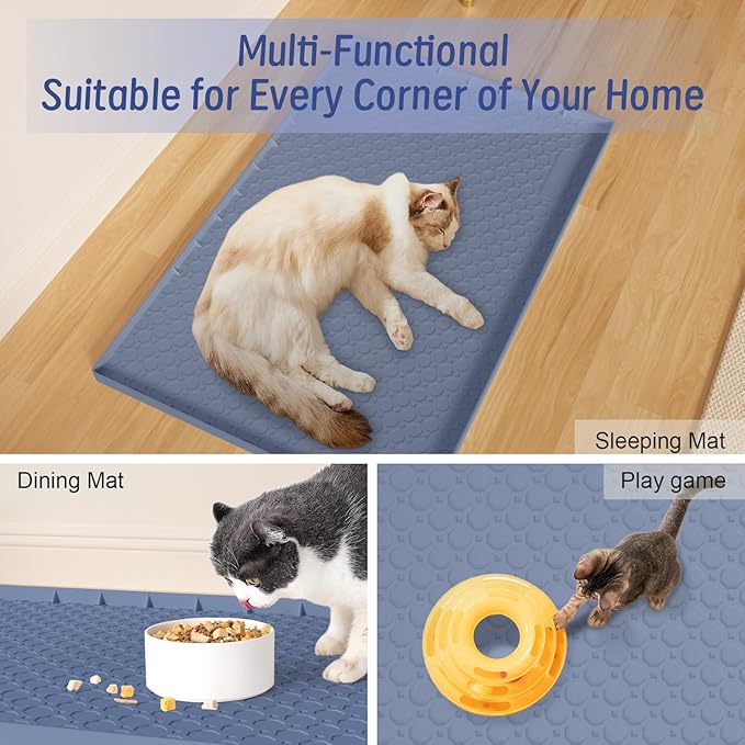 Silicone Large Cat Litter Mat 34" X 22", Cat Mat for Litter Box, Cats Litter Trapping Mat, Non-Slip and Waterproof, Raised Edges, Blue