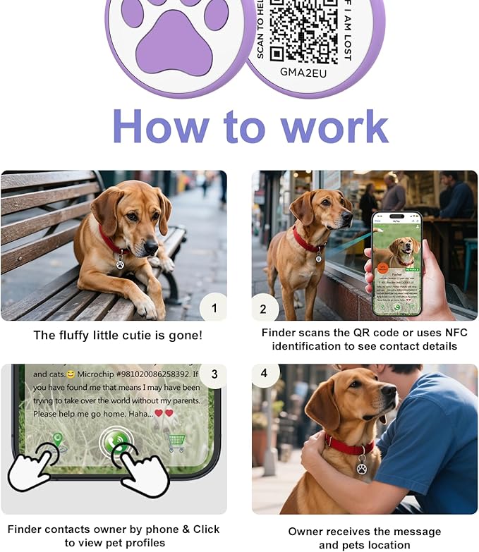 WhoseID QR Code Tag, Modifiable Online Profile Page, Multiple Emergency Contact, Silent Silicone, Lightweight, No Jinging, Collar Accessories, Personalized Cat Tag (Small Breeds - 1", Purple)