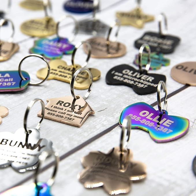 Engraved Dog Tags Personalized - Stainless Steel Engraved Dog Cat ID Tags Front & Back up to 8 Lines of Text Color Plating Gold, Rose Gold, Blue, Black, Nebula Bone Small
