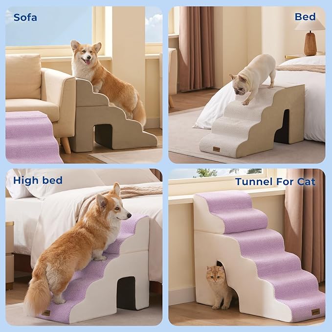Dog Ramp for Large Dogs - 24" H 5 Steps Pet Stairs for High Bed with Tunnel 2 in 1 with Zippers Suitable, Indoor Cat Ladders with Non-Slip Bottom, Beige
