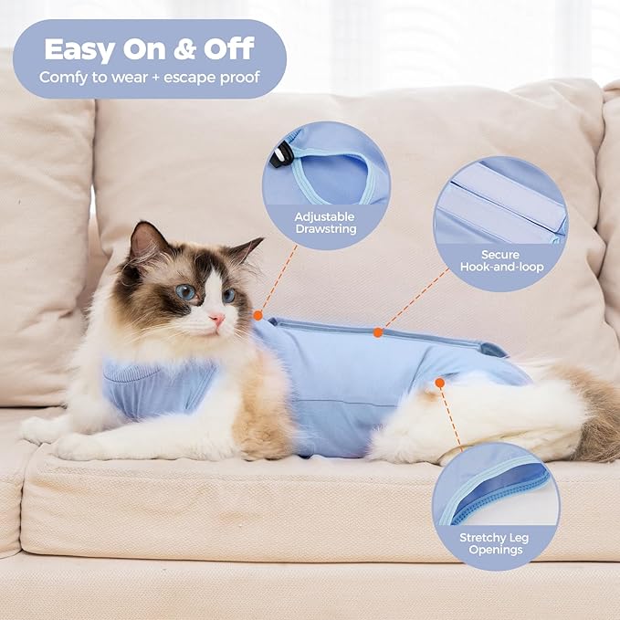 Avont Cat Recovery Suit Female Kitten After Spay Surgery, Breathable Modal Cotton Cat Onesie for Wound & Skin Disease Care, Machine Washable -Blue(L)