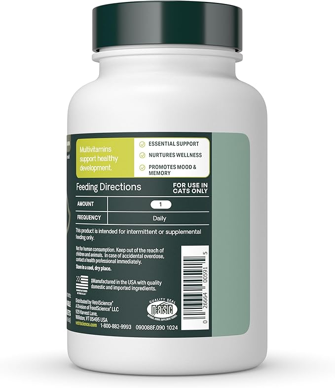VetriScience 27+ Active Health Chewable Tablets, Nu Cat Daily Multivitamin for Cats and Kittens, Balanced Vitamins, Minerals and Antioxidants, Fish, 90 Count