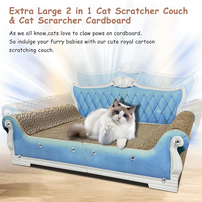 Luxury Cardboard Cat Scratcher Sofa Bed, Couch Shaped Scratching Board, Scratch Lounge with Catnip, Cat Scratcher for Indoor Cats Large Blue
