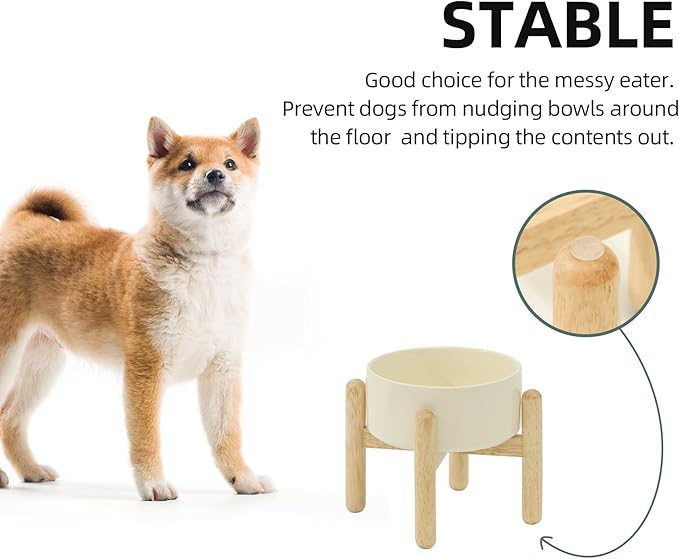 Ceramic 6.1inch Raised Dog Bowl with Stand for Small and Medium Dog Dish Pet Food and Water Bowl (Single Bowl with Stand - Light Yellow)