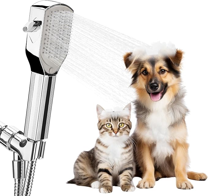 Dog Shower Attachment,Pet Washing Shower Sprayer with Stainless Steel Hose & Diverter Valve, 2 Mode Handheld Shower Head Brush, 3-in-1 Dog Shower Head for Bathing, Grooming, Massage - Indoor & Outdoor