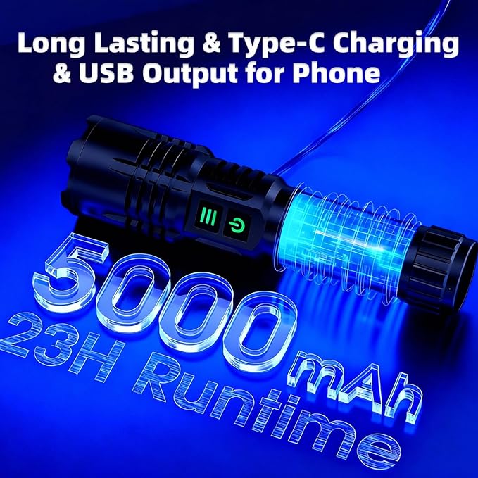 2-in-1 UV Flashlight 365nm & High Lumens LED, 5000mAh Rechargeable Tactical Torch, Zoomable Black Light for Pet Urine Detector, Rock Hunting, Resin Curing, Scorpions