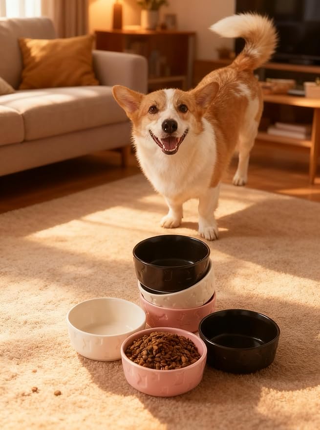 Set of 2 Pink Ceramic Dog Bowls for Food and Water, 5 Inch Wide Cute Pet Dishes for Small Size Dogs/Puppy