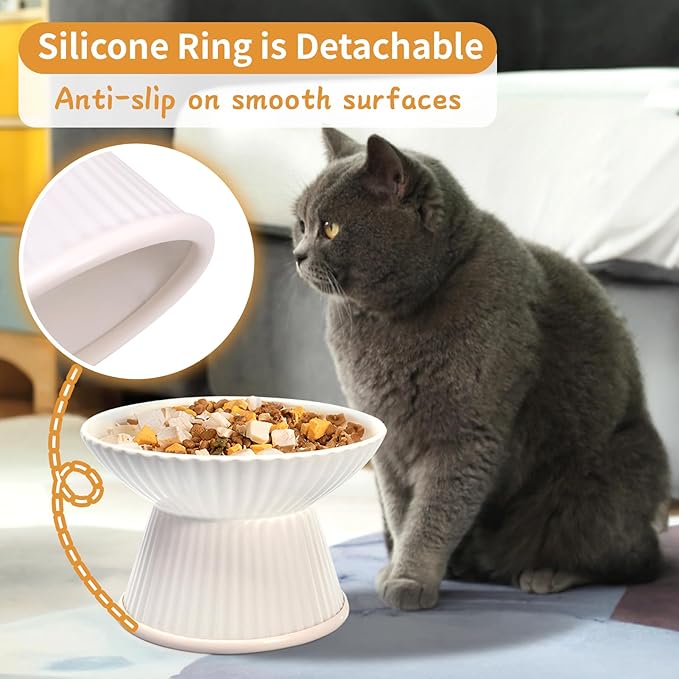Upgraded 6.5" Extra Wide Ceramic Elevated Cat Bowl, Whisker Friendly Raised Cat Food Bowl for Food and Water, Anti-Vomiting High Cat Dish for Indoor Cats, Dishwasher Safe & Microwaveable