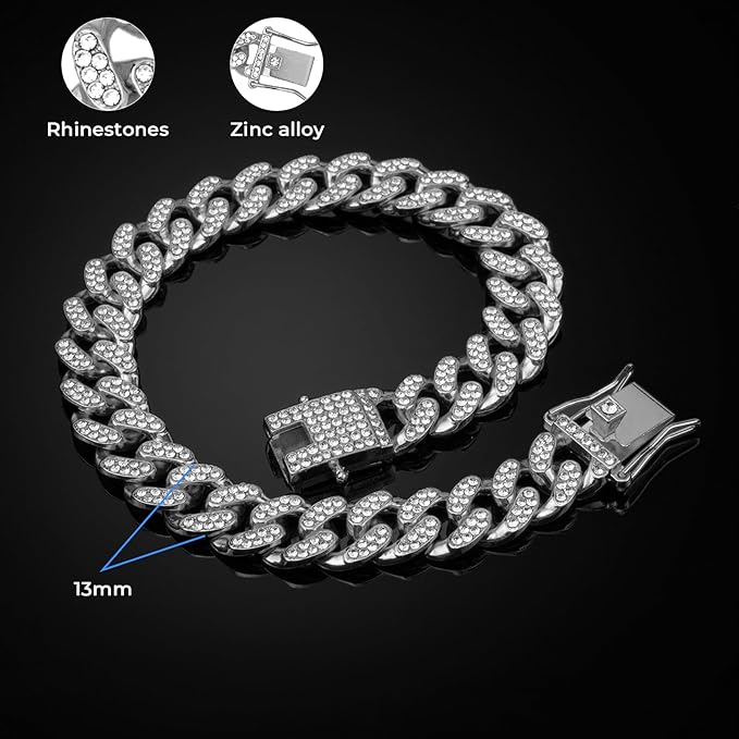 Dog Chain Collar Silver Dog Necklace Diamond Cuban Link Dog Collar 13mm Wide Metal Pet Cat Dog Chain Crystal Collar Jewelry Accessories for Large Medium Small Dogs Cats(Silver,10 Inch)