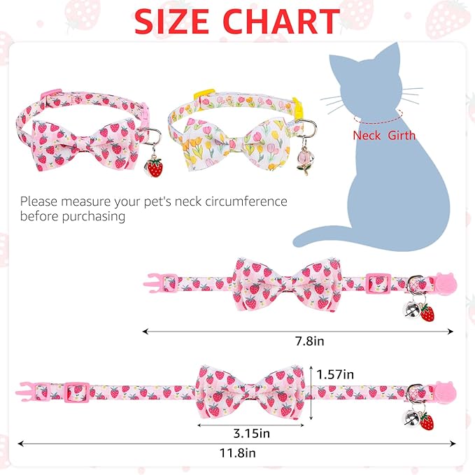 SCENEREAL Breakaway Cat Collar with Bell, 2 Pack Safety Adjustable Cat Collars with Pendant, Pink Personalised Puppy Kitten Collar with Bow for Spring Summer, Strawberry Tulip