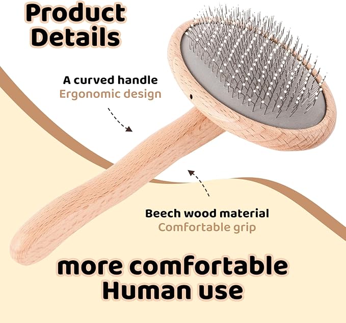 Wooden Dog Brush for Shedding, Grooming, Long haired Dogs, Poodle, Puppy & Indoor Cats, Oval Pin Brush with Coated Tips & Air-Cushion Design, Dog Slicker Brush，pin Brushes for cat Grooming