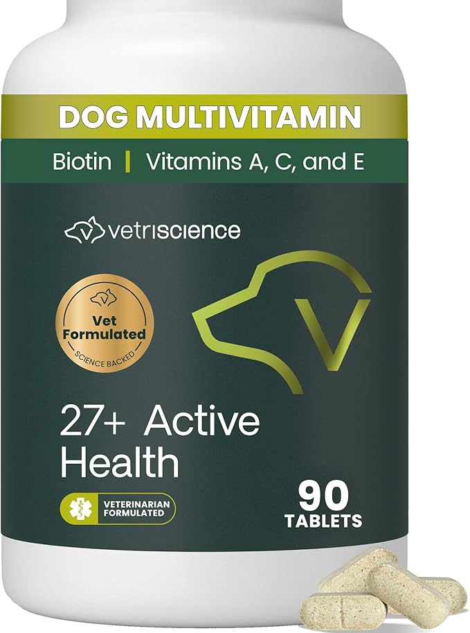 VetriScience 27+ Active Health Chewable Tablets, Canine Plus Daily Multivitamin for Puppies and Adult Dogs, Balanced Vitamins, Minerals and Antioxidants, Wellness Support, Duck, 90 Count