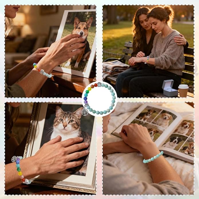 Pet Memorial Gifts, Sympathy Gift for Loss of Dogs and Cats, Chakra Rainbow Bridge Bracelet for Women Men Who Lost Pets