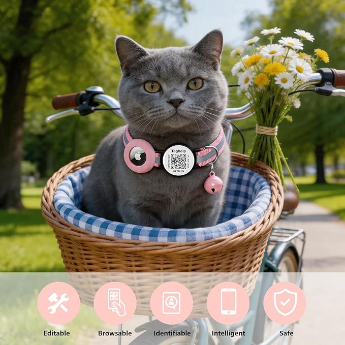 Reflective AirTag Cat Collar, TAGHELP Integrated Air Tag Cat Collar for Apple with AirTag Holder and Bell, Tracker Cat Collars for Girl Boy Cats, Kittens and Puppies (Pink)