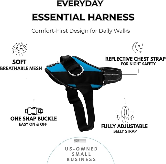 ShawnCo Essential Dog Harness, No-Pull Pet Vest with 3 Leash Clips, No Choke, Reflective, Adjustable and Padded, for Easy Walking and Training for Small, Medium and Large Dogs (Oceanic Blue, S)