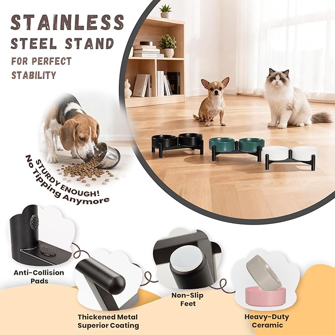 Raised Ceramic Dog Bowl Set - Elevated Double Dishes with Stainless Steel Stand - Food and Water Bowls for Small Dogs and Indoor Cats - Each Holds 1.6 Cups (10.8 fl oz) - Pink
