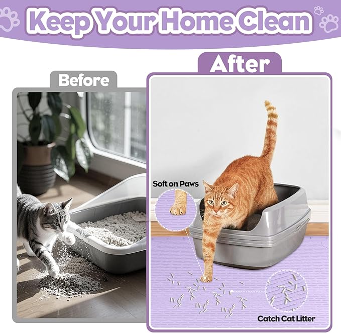 Cat Litter Mat, Extra Large 34" x 22" Silicone Mat Litter Trapping Mat for Scatter Control, Soft on Kitty Paws, Easy to Clean (Purple)