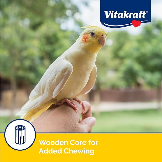 Vitakraft Crunch Sticks Cockatiel Treats Golden Honey Flavor – Triple-Baked Snack with Vitamins A D3 E Riboflavin and B12 – Natural Wood Chew Center and Cage Clip Holder – Engaging 2 Stick Pack