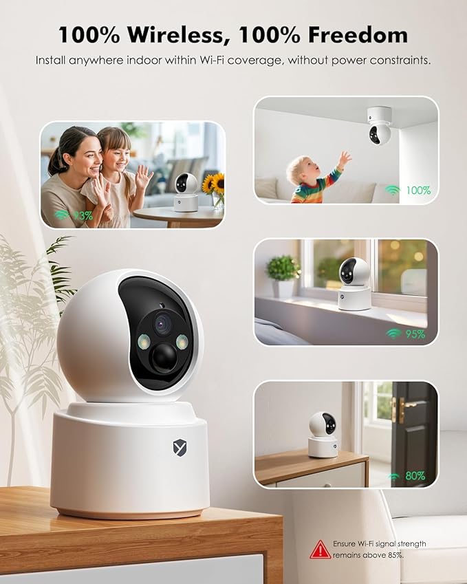 Battery Powered Indoor Security Camera Wireless, 6000mAh Rechargeable PTZ WiFi Camera for Home Security, Dual-Band 2.4GHz/5GHz, 2.5K 4MP Color Night Vision, SD/Cloud Storage, 2-Way Audio