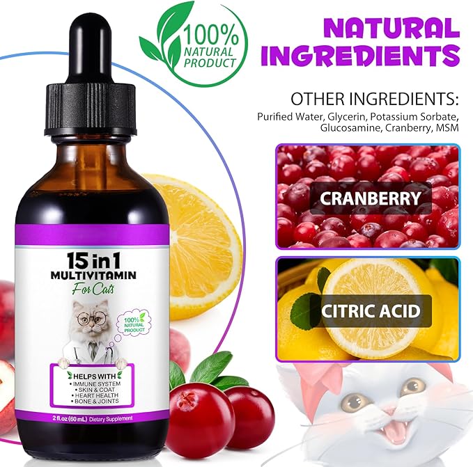 Cat Multivitamin Drops, 15-in-1 Multivitamin Drops for Cats, Immune Support, Heart, Skin & Coat Health, Digestion, Joint Care, for All Life Stages, Easy to Use 60ml 1 Pack