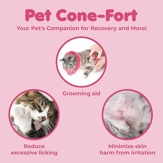 SunGrow Cat Cone Collar Soft, Stop Licking E Collar for Recovery, Post Surgery Stress Relieving with Adjustable Strap Enclosures (7" - 9" Neck Size, Pink)