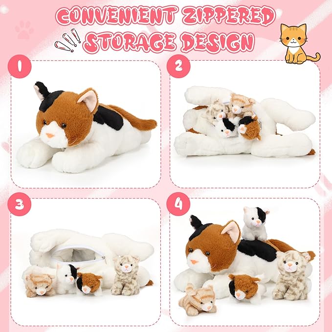 Skylety 5 Pieces Cat Stuffed Animal with Babies Inside Belly Plush Cat Pregnant Mommy Kitty with 4 Cute Fluffy Stuffed Kittens Christmas Birthday Surprise Gifts(Orange, Black, White)