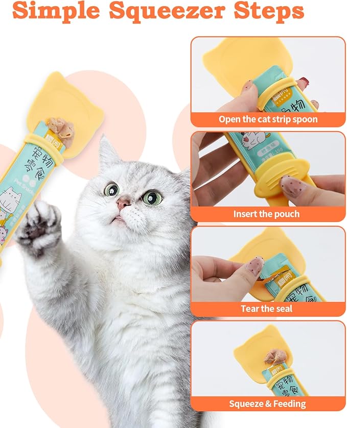 6 PCS Cat Food Can Covers Lids Set, Multi-Function Cat Food Spoon & Silicone Storage Lids with Opener, Cat Bar Squeezer, Stainless Steel Wet Food Spoon for Feeding, Storage and Cats & Dogs (Orange)