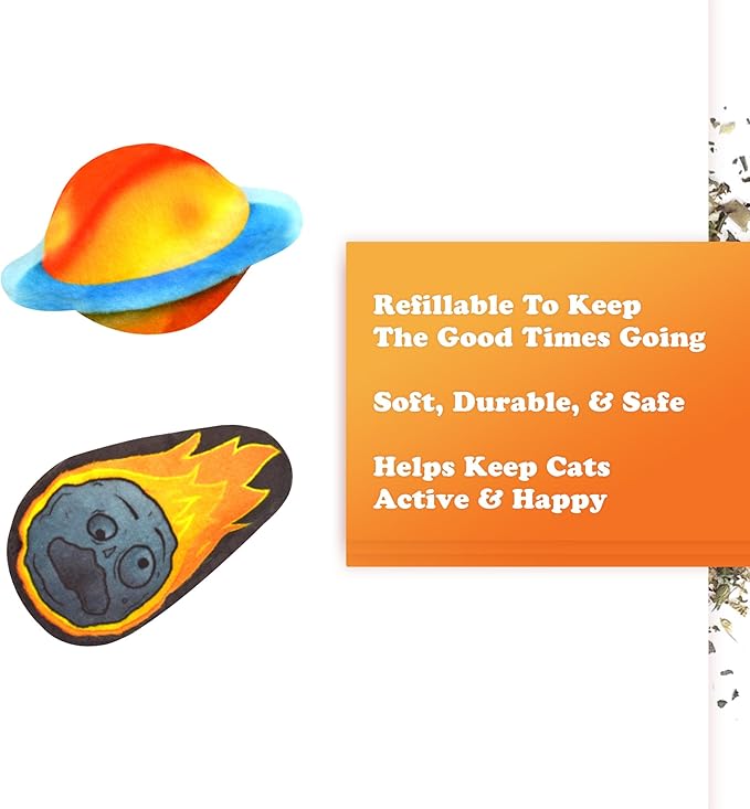Meowijuana Refillable Cat Toys | Get Spacey - Planet and Meteor Catnip Toys | Includes Potent Hand Harvested Catnip Grown in North America | Promotes Play and Cat Health