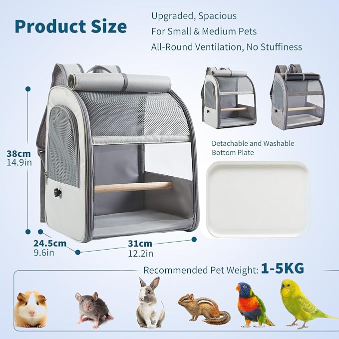PETCUTE Bird Carrier Backpack,Breathable & Portable,Pet Travel Cage with Upgraded Tray and Standing Perches,Lightweight Foldable Birds Travel Cage for Hiking Camping,for Small Birds, Green Cheek
