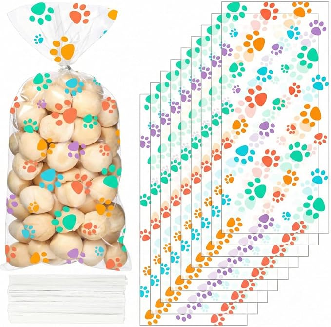 Blulu 200 Pcs Spring Dog Treat Bags Pet Paw Cellophane Bags Dog Party Favor Heat Sealable Treat Paw Gift Cat Candy Bag with 200 Silver Twist Ties for Pet Party Favors